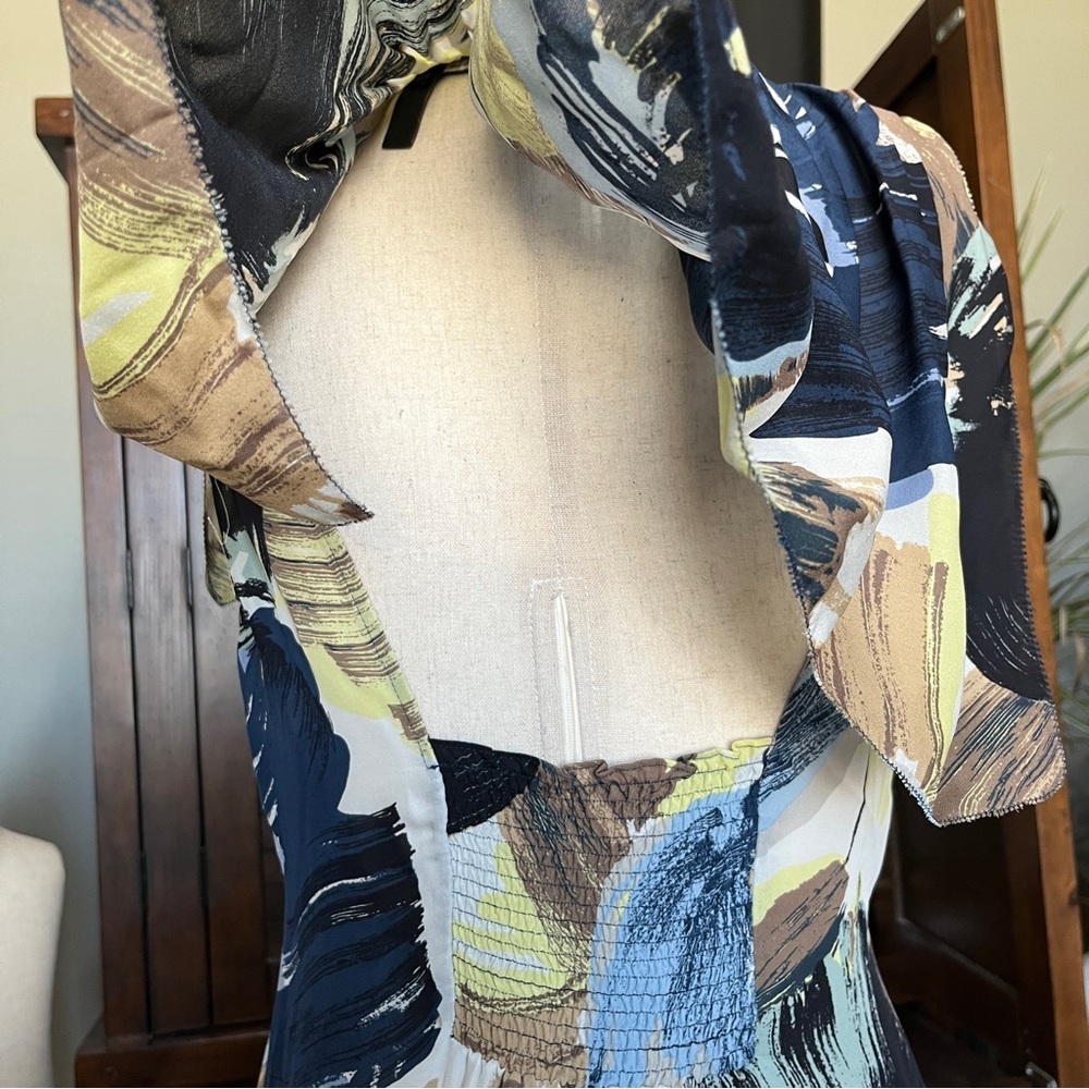 BCBG MaxAzria SILK Flounce Ruffle Brushstroke Blouse Top Shirt Pleated Smocked S - Picture 4 of 6
